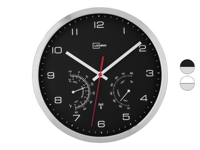 Horloge murale noire avec thermomètre et hygromètre, avec le logo LIVARNO.