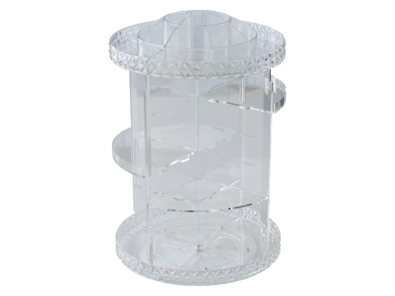 Organisateur rotatif transparent en acrylique pour cosmétiques.
