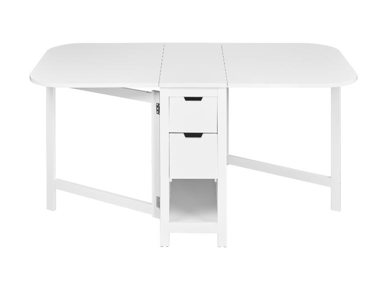 Table pliante blanche avec tiroirs et étagères, idéale pour les petits espaces.