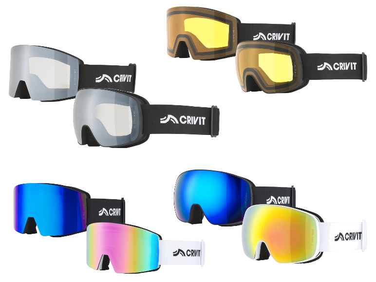 Masques de ski de différentes couleurs et verres, avec des sangles noires et blanches.