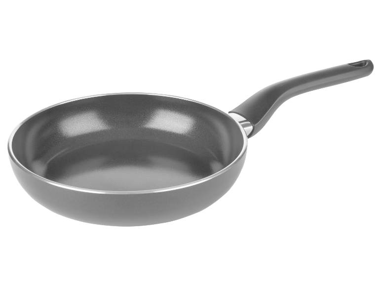 Poêle antiadhésive noire avec manche ergonomique.