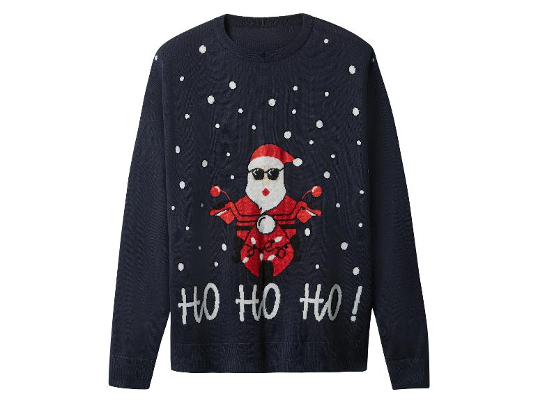 Pull de Noël bleu foncé avec le Père Noël à moto et le texte « HO HO HO ! »