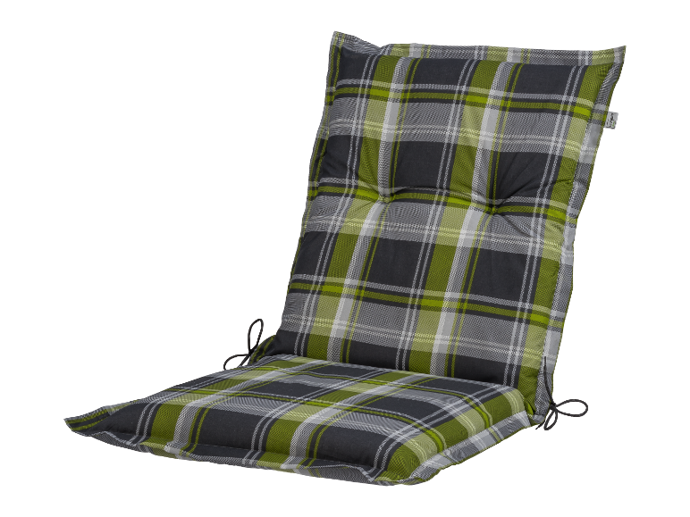 Coussin de chaise à carreaux vert et gris.