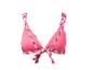 Haut de bikini rose avec bretelles et liens à motif géométrique coloré.