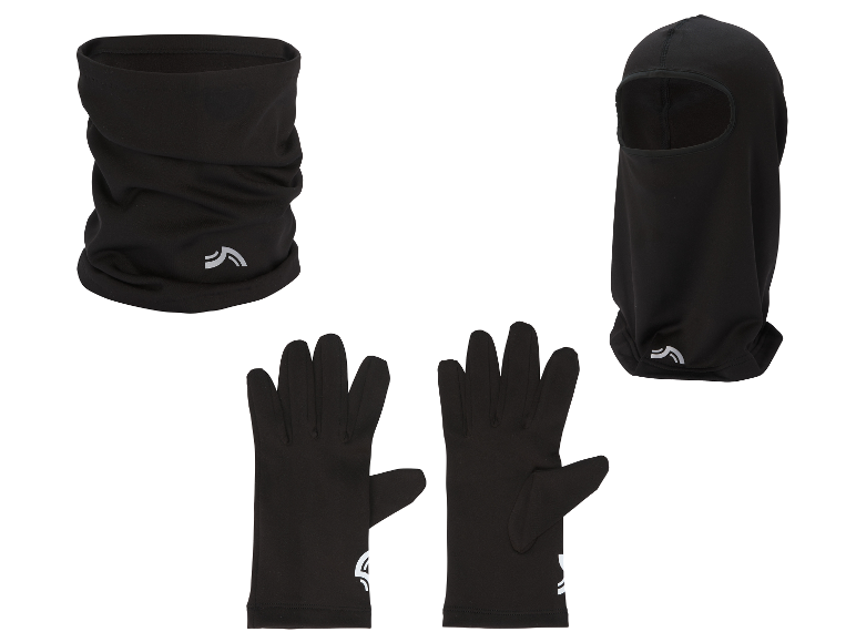 Accessoires d'hiver CRIVIT : cagoule noire, cache-cou et gants avec logo réfléchissant.