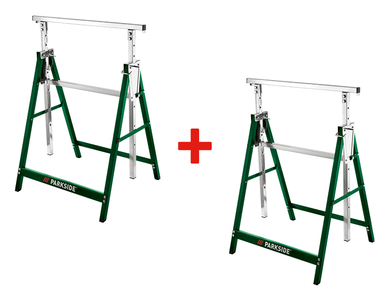Deux tréteaux de travail PARKSIDE verts et argentés.