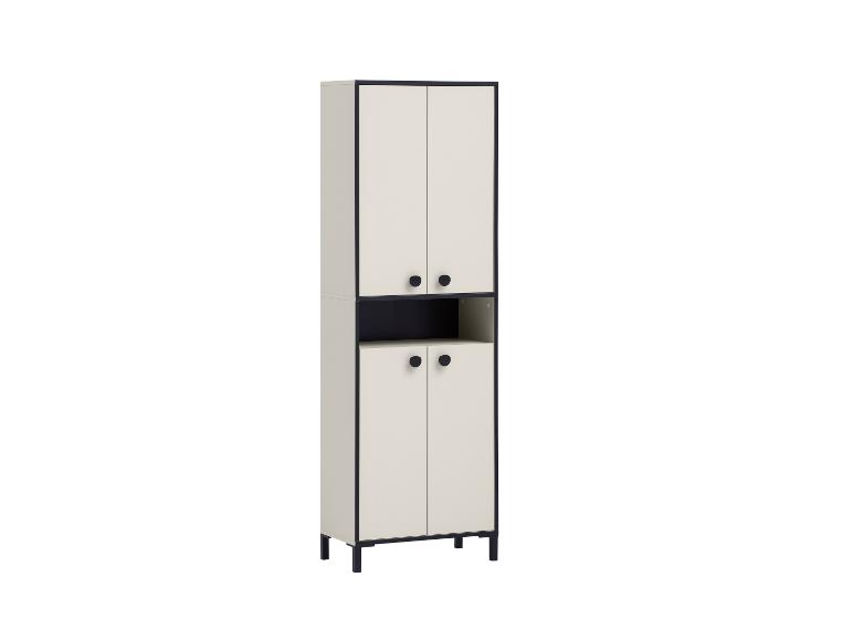 Meuble de rangement noir et beige avec quatre portes et un compartiment ouvert