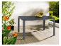 Table de jardin avec plateau en verre foncé, un bol d'oranges et des plantes autour.