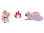 Figurines en bois : fille, dragon et feu.