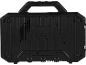 Arrière d'une boîte à outils ou d'un générateur portable noir avec poignée.
