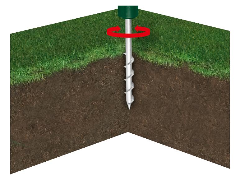 Tarière avec flèche rouge indiquant le mouvement de rotation, insérée dans une coupe d'herbe et de terre.