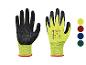 Paire de gants de travail jaunes et noirs avec prise texturée, taille 8, et normes de sécurité.