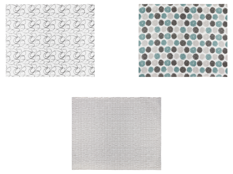 Trois échantillons de tissu avec différents motifs : lignes sinueuses, pois et un motif de maille.