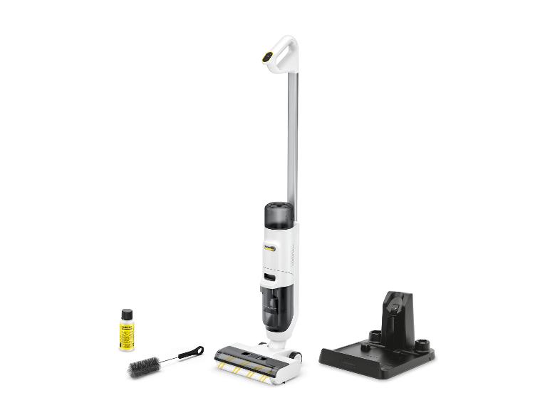 Nettoyeur de sol sans fil blanc avec station de charge, solution de nettoyage et brosse.