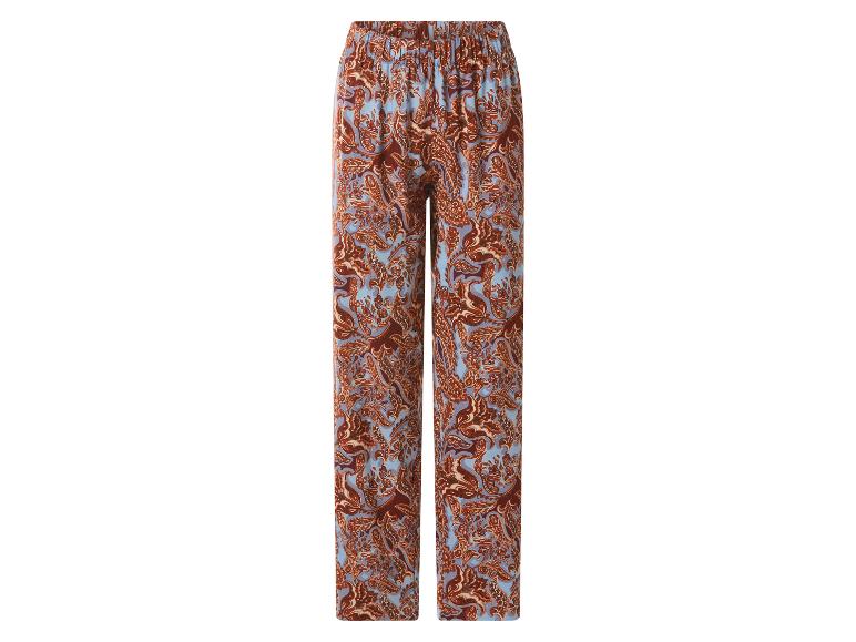 Pantalon large femme à motif cachemire bleu et marron.