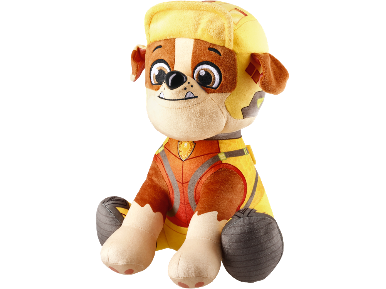Peluche d'un personnage de chien marron et jaune portant un uniforme orange et jaune.