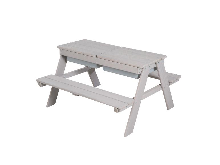 Table de pique-nique pour enfants en bois clair avec deux bacs de rangement intégrés.