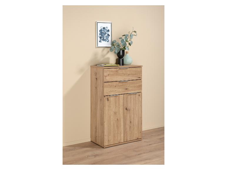 Meuble en bois avec deux tiroirs et deux portes.
