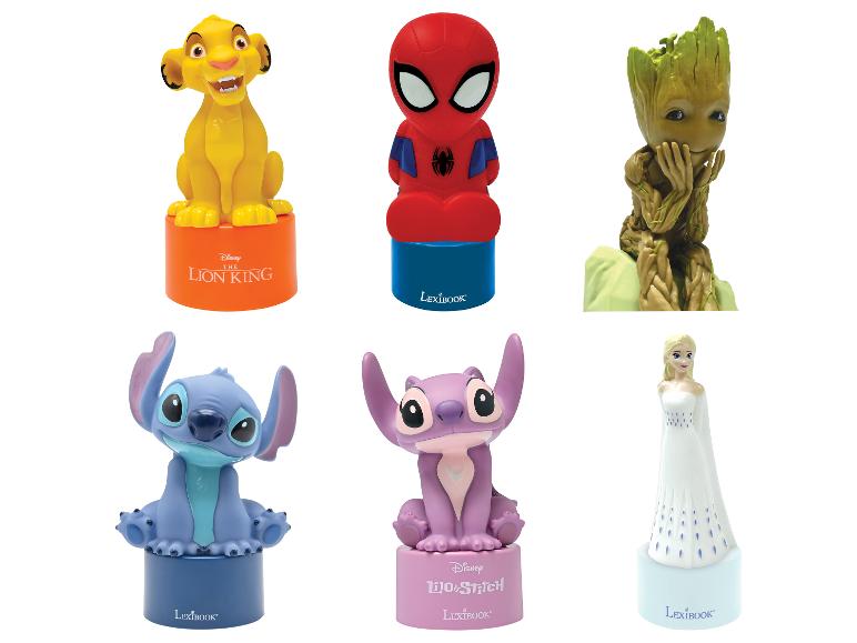 Six figurines de personnages Disney et Marvel, dont Simba, Spider-Man, Groot, Stitch et Elsa.