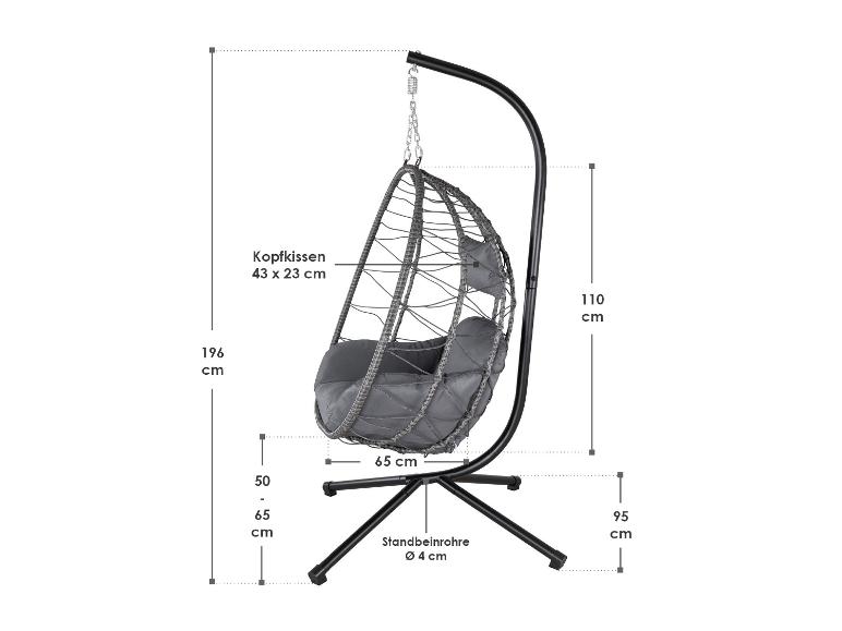 Chaise suspendue avec coussins, mesurant 196 cm de hauteur et 65 cm de largeur.