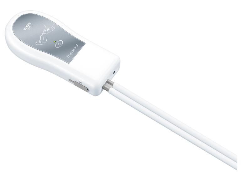 Appareil de thérapie par compression blanc avec deux tubes, bouton d'alimentation et schéma de jambe.