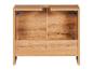 Meuble sous-vasque en bois clair avec portes.
