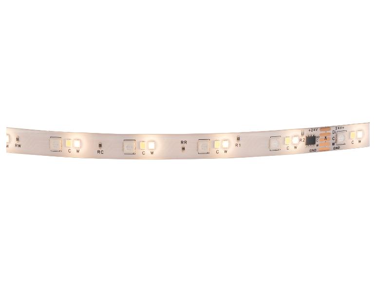 Une bande lumineuse LED blanche avec des LED blanc chaud et blanc froid, montrant les points de connexion.