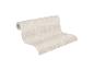 Rouleau de papier peint beige avec motif de branches blanches.