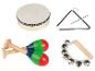 Ensemble d'instruments de musique pour enfants, comprenant un tambour, un triangle, des maracas et des grelots.
