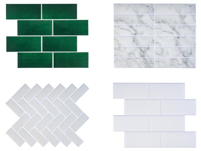 Quatre panneaux de carreaux autocollants : vert, marbre blanc, chevrons blancs et métro blanc.