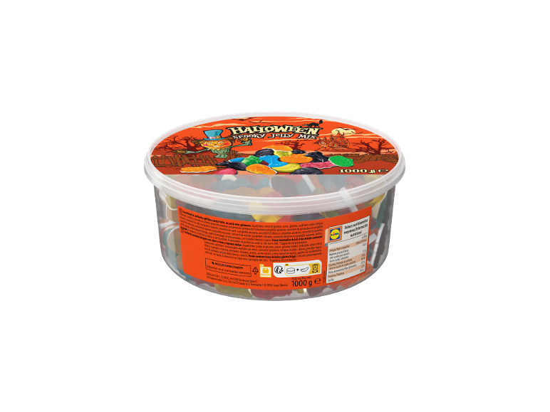 Barquette de bonbons gélifiés Halloween Spooky Jelly Mix, avec un personnage citrouille et 1000 g net.