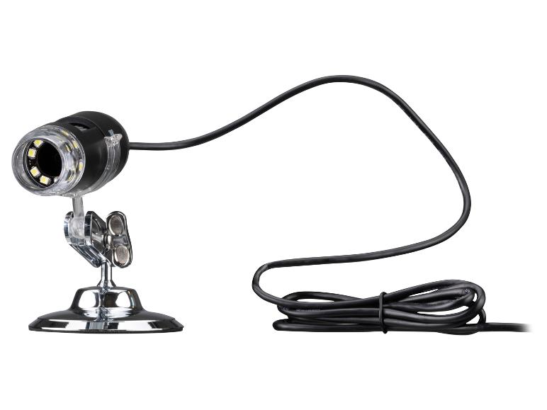 Un microscope USB avec lumière LED et bras flexible.