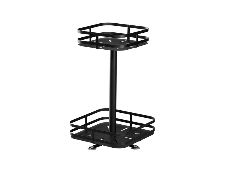 Un support de rangement en métal noir avec deux paniers rectangulaires.