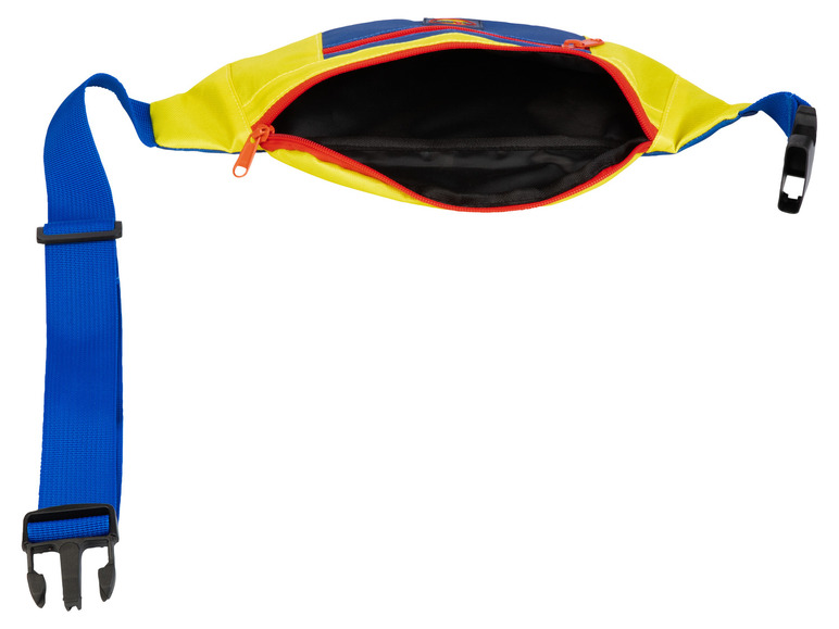 Une banane jaune avec une sangle bleue et des détails rouges
