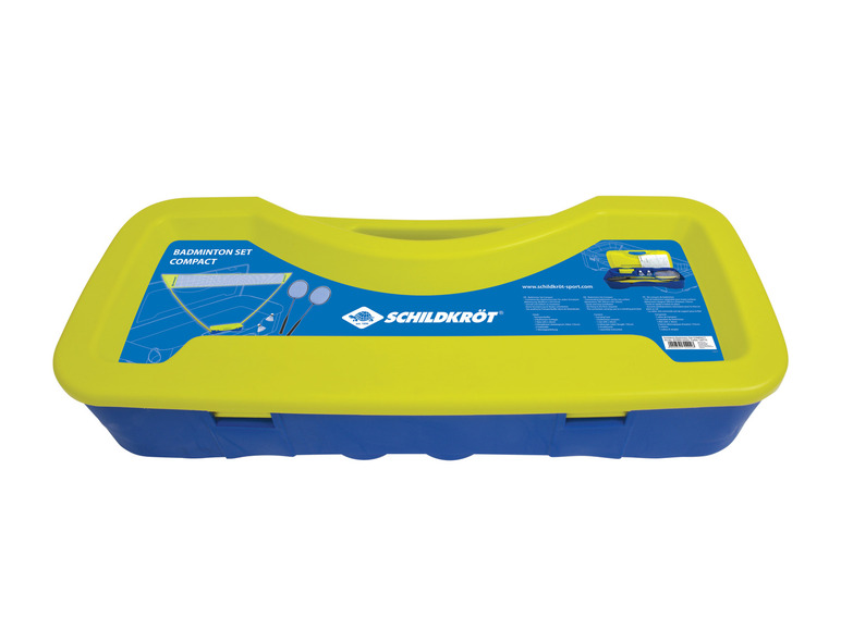 Une boîte de rangement bleue et jaune pour un set de badminton Schildkröt.
