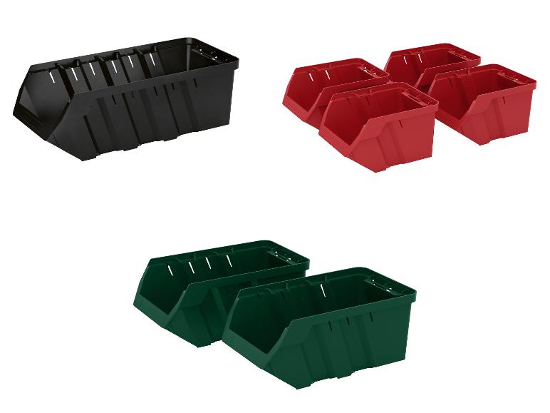 Bacs de rangement en plastique noirs, rouges et verts.