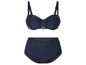 Un bikini bleu marine avec un soutien-gorge à armatures et un bas de bikini haut.