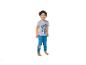 Enfant souriant en pyjama gris et bleu avec motif 'Dino Expert'.