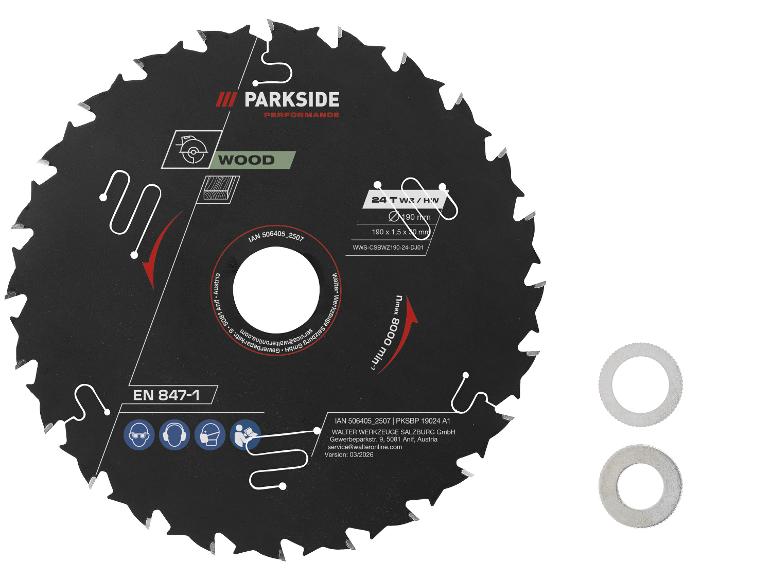 Lame de scie circulaire à bois de 190 mm, 24 dents, 8000 tr/min max, avec deux rondelles.