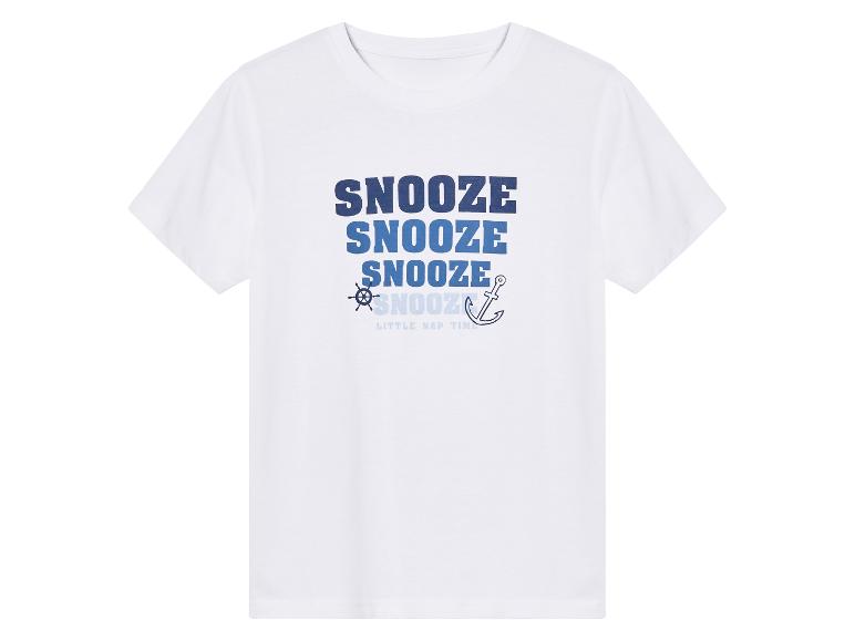 T-shirt blanc Little Nap Time à motifs marins avec inscription « Snooze » répétée.