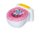 Pot d'apprentissage blanc et rose avec motif animalier de dessin animé et bouton de chasse jaune.