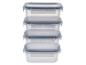 Une pile de quatre récipients alimentaires transparents avec des couvercles et des clips gris.
