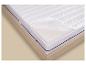 Matelas blanc avec fermeture éclair ouverte montrant la mousse intérieure, sur un cadre de lit en bois.