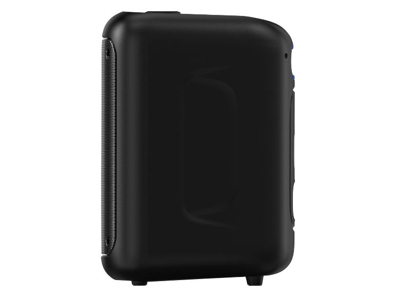 Enceinte portable noire avec grille métallique et détails bleus, vue de profil.