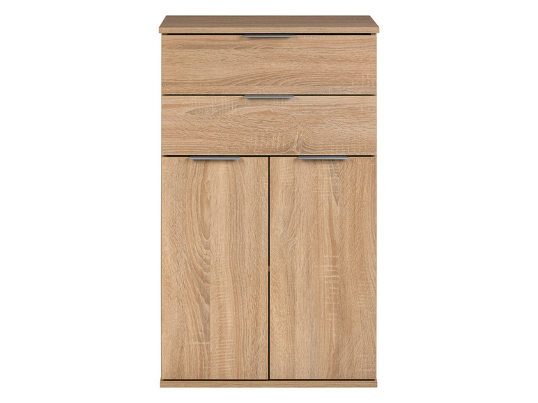 Une armoire en bois avec deux portes et deux tiroirs.