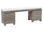 Banc en osier avec rangement et coussin gris.