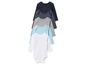Un lot de bodies à manches longues pour bébés, avec un body blanc, bleu clair, gris et rayé.