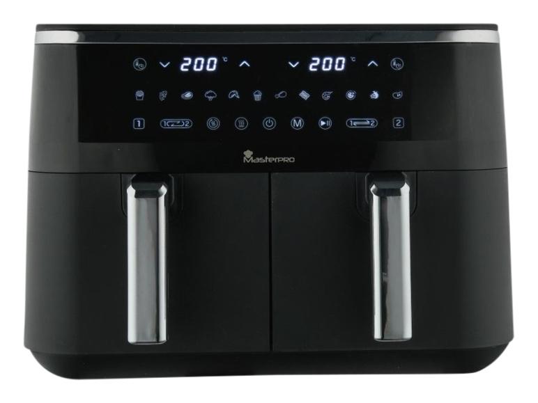 Friteuse à air noire à double panier avec affichage numérique montrant 200°C et icônes de cuisson.