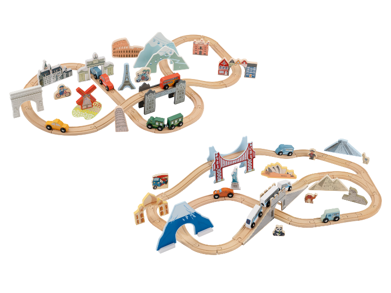 Deux ensembles de trains en bois avec des monuments mondiaux et des véhicules.