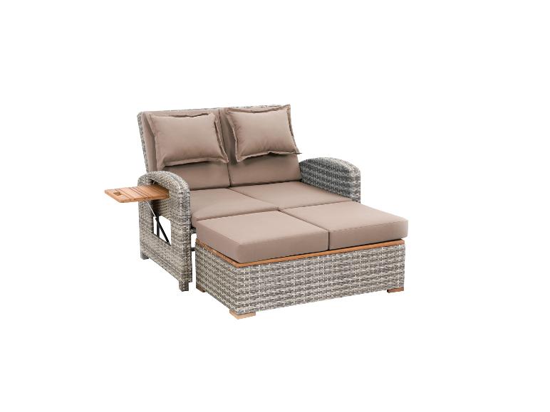 Canapé de jardin gris en résine tressée avec coussins beiges et tablette coulissante